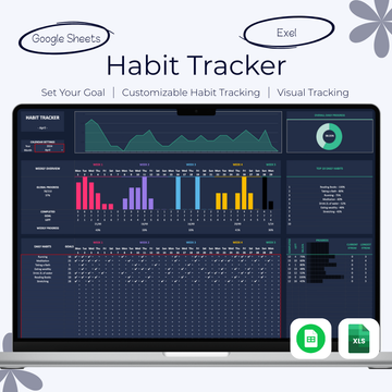 Habit tracker software on a laptop screen with Google Sheets and Excel icons.